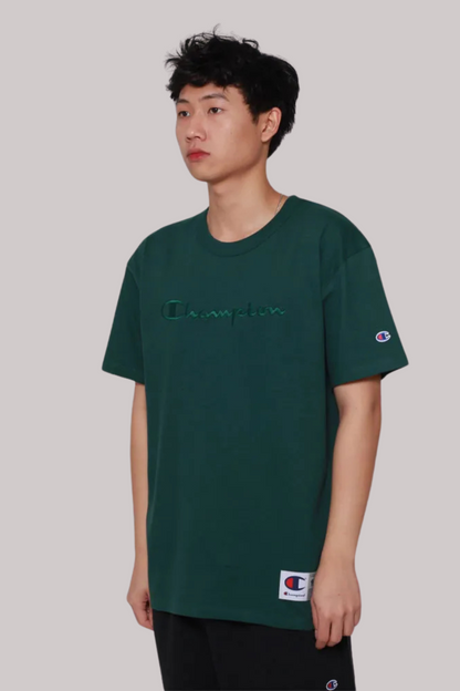 CAMISETA CHAMPION SCRIPT LOGO BORDADO EVA TECIDO MEIA MALHA GROSSO