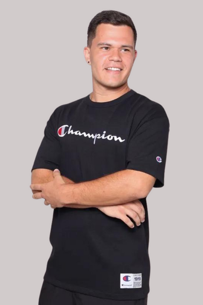 CAMISETA CHAMPION SCRIPT LOGO BORDADO EVA TECIDO MEIA MALHA GROSSO