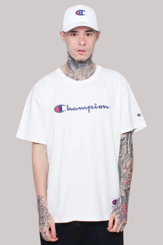 CAMISETA CHAMPION SCRIPT LOGO BORDADO EVA TECIDO MEIA MALHA GROSSO